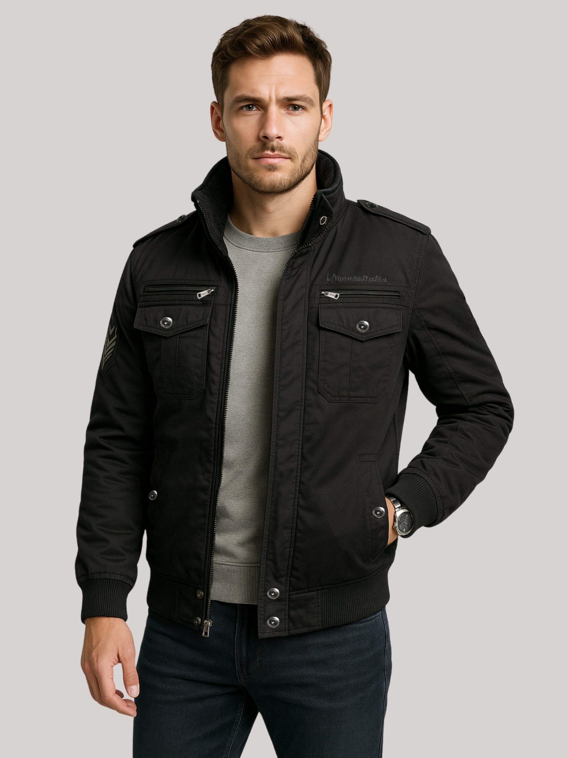 L'MONTE Men's Black Military-Style Cargo Winter Jacket My Store
