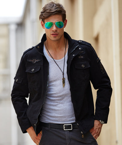 L'MONTE Men's Black Military-Style Bomber Jacket My Store