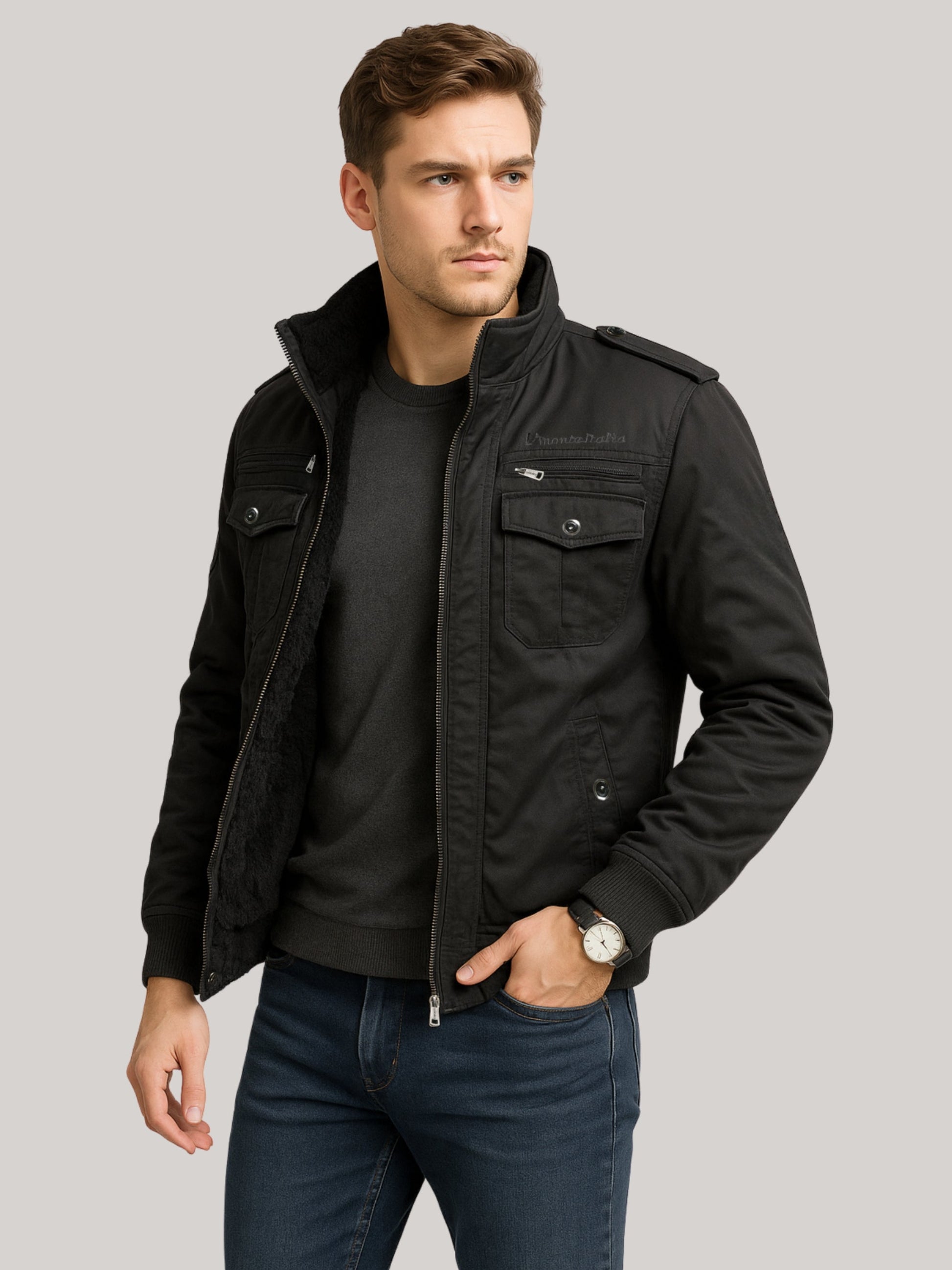 L'MONTE Men's Black Military-Style Cargo Winter Jacket My Store