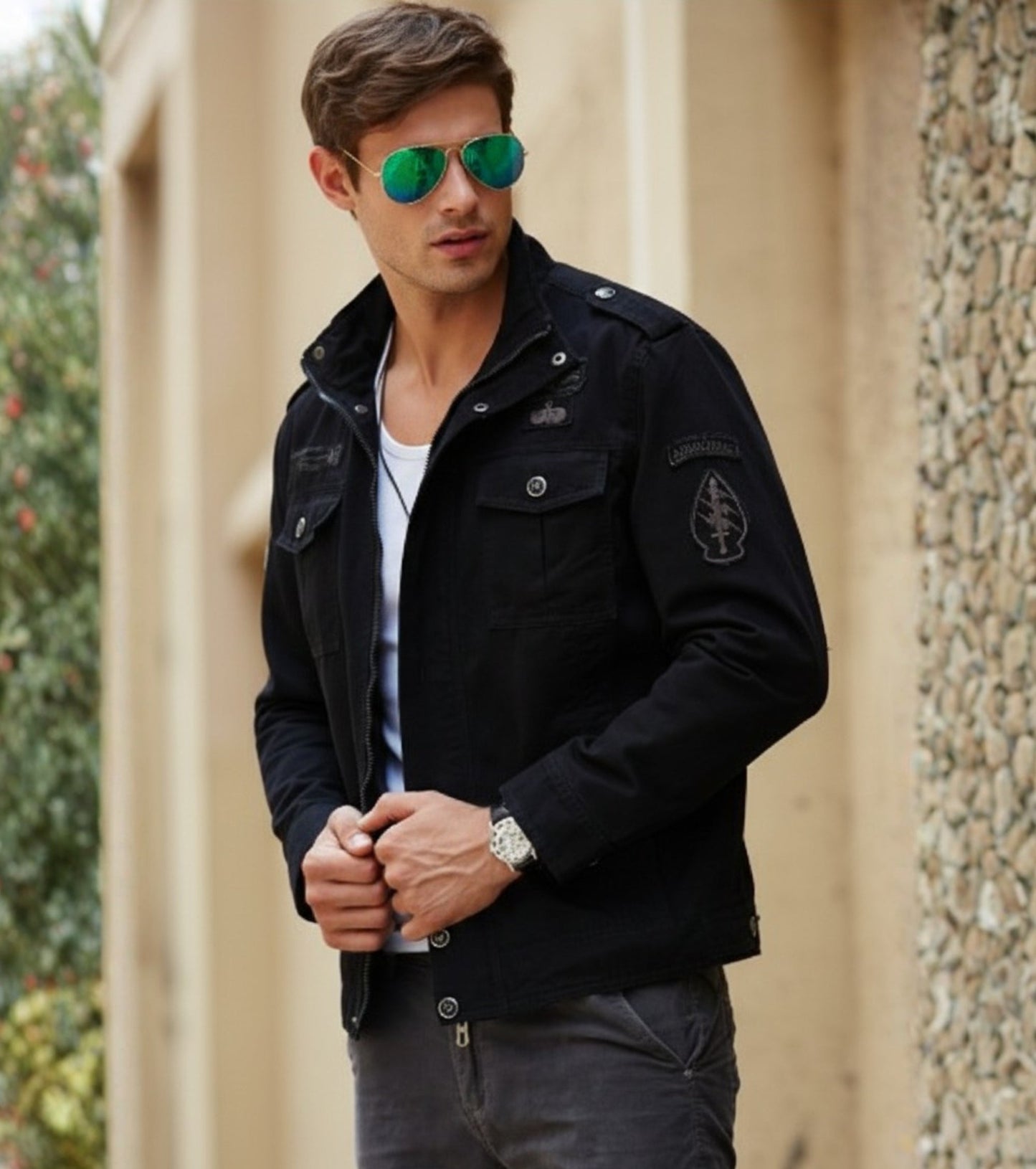 L'MONTE Men's Black Military-Style Bomber Jacket My Store
