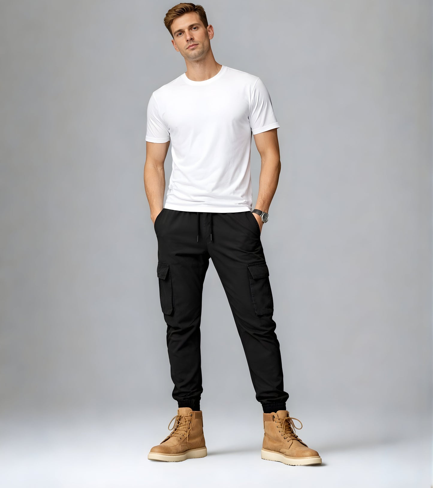 L'MONTE Imported Men's Black Slim Fit Cotton Cargo Joggers – Casual Elastic Waist Track Pants with Utility Pockets My Store