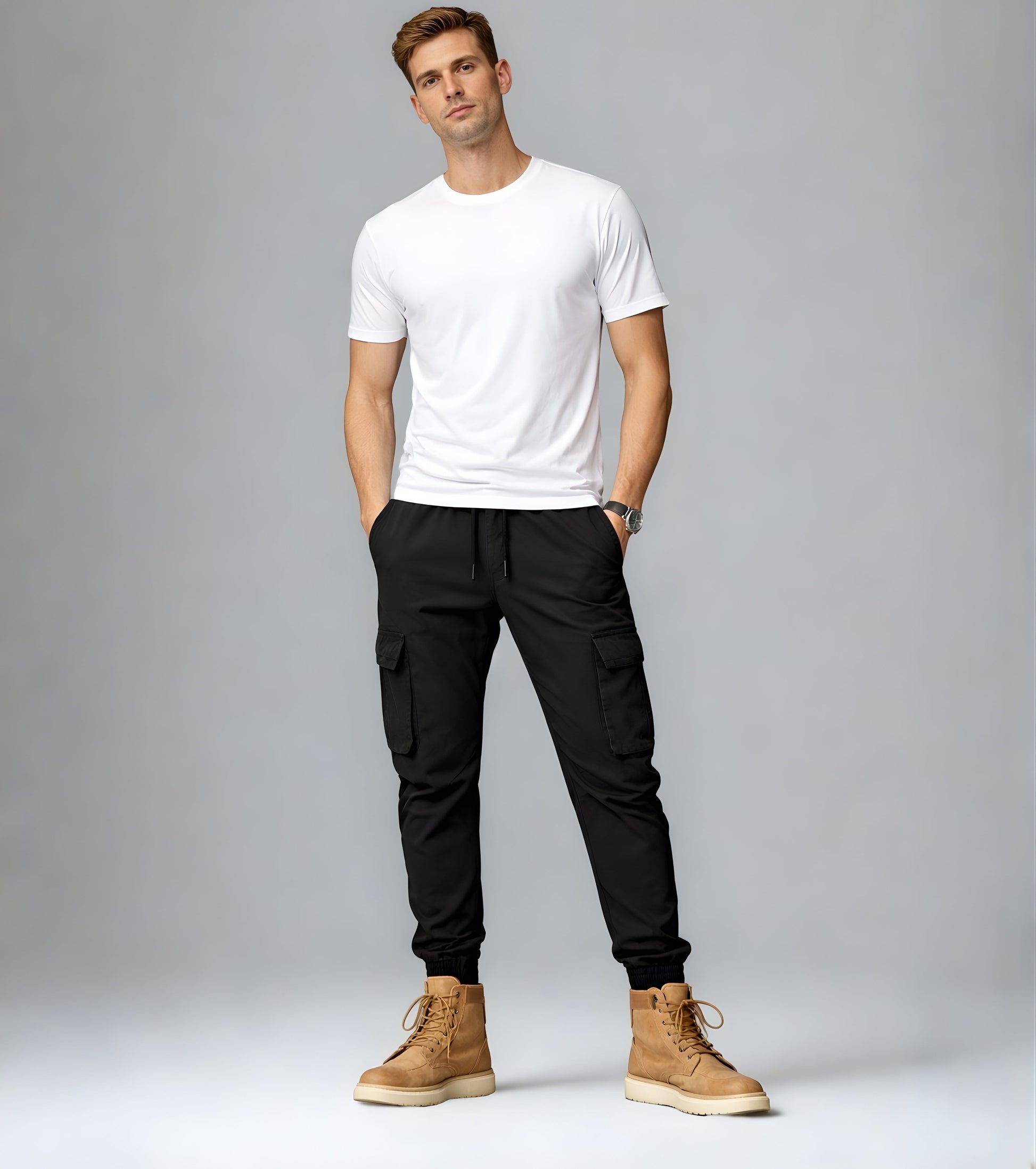 L'MONTE Imported Men's Black Slim Fit Cotton Cargo Joggers – Casual Elastic Waist Track Pants with Utility Pockets My Store