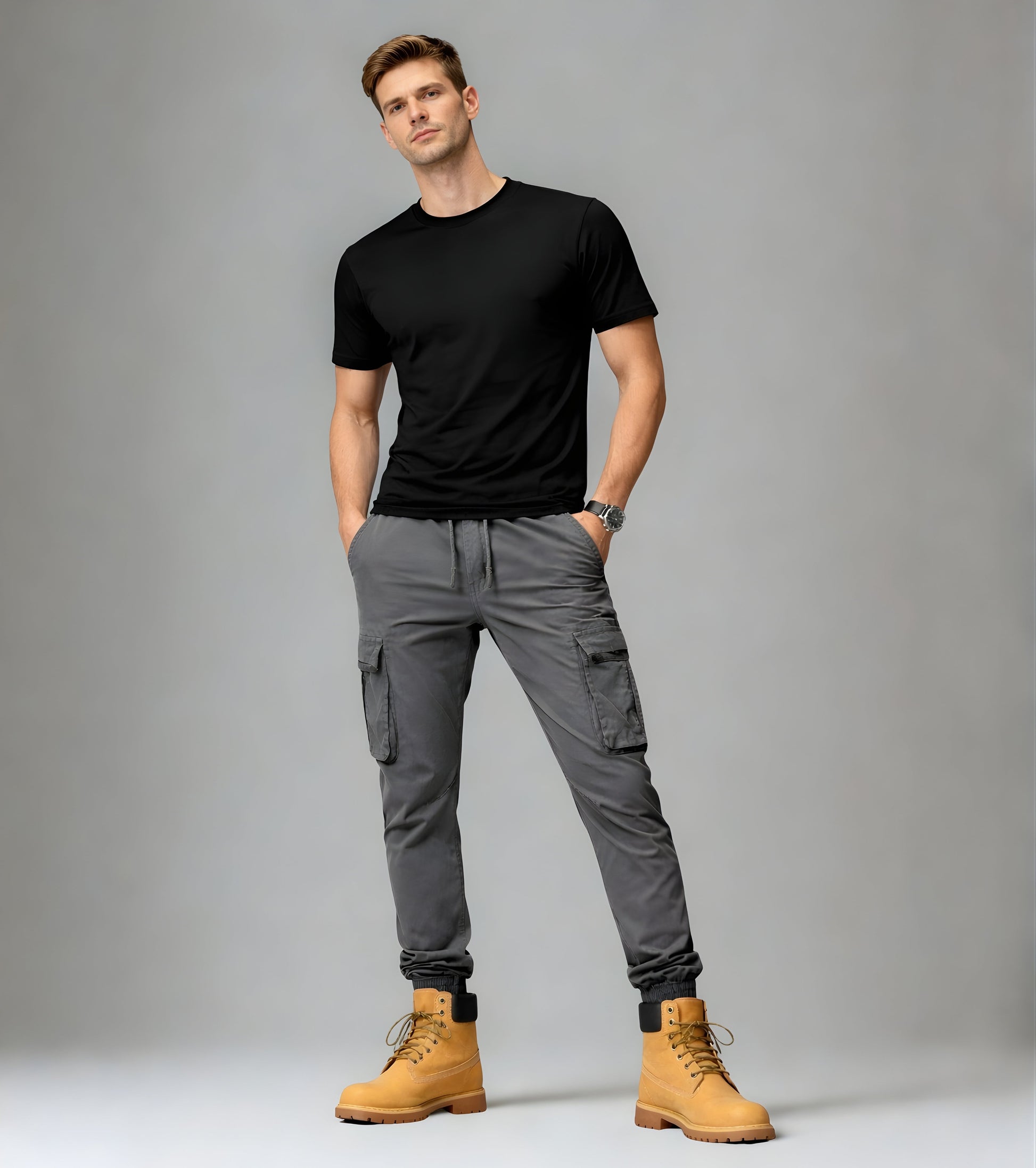 L'MONTE Imported Men's Grey Slim Fit Cotton Cargo Joggers – Casual Elastic Waist Track Pants with Utility Pockets My Store