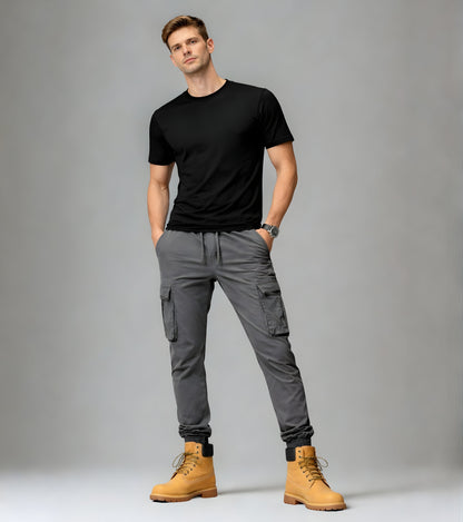 L'MONTE Imported Men's Grey Slim Fit Cotton Cargo Joggers – Casual Elastic Waist Track Pants with Utility Pockets My Store
