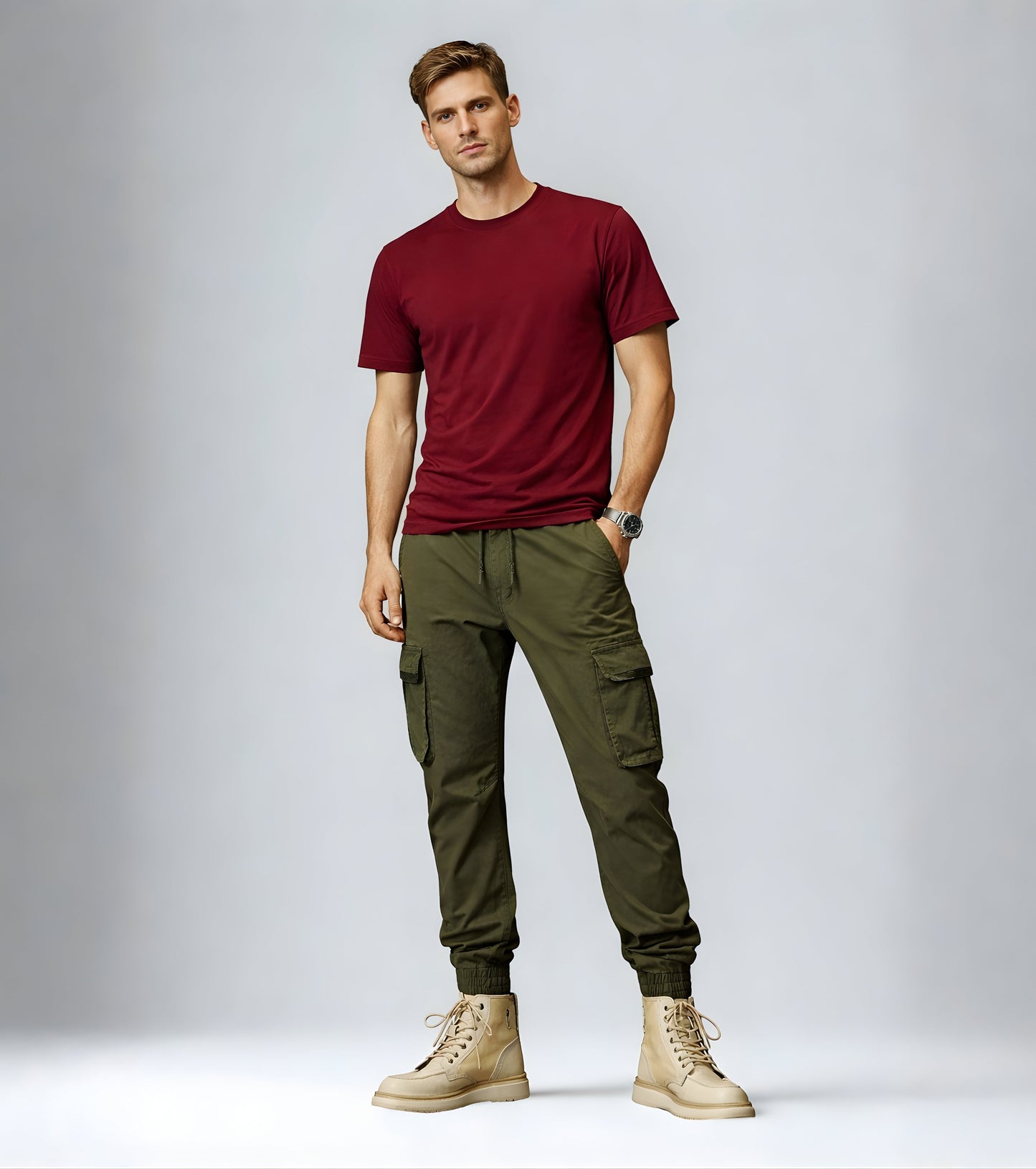 L'MONTE Imported Men's Green Slim Fit Cotton Cargo Joggers – Casual Elastic Waist Track Pants with Utility Pockets My Store
