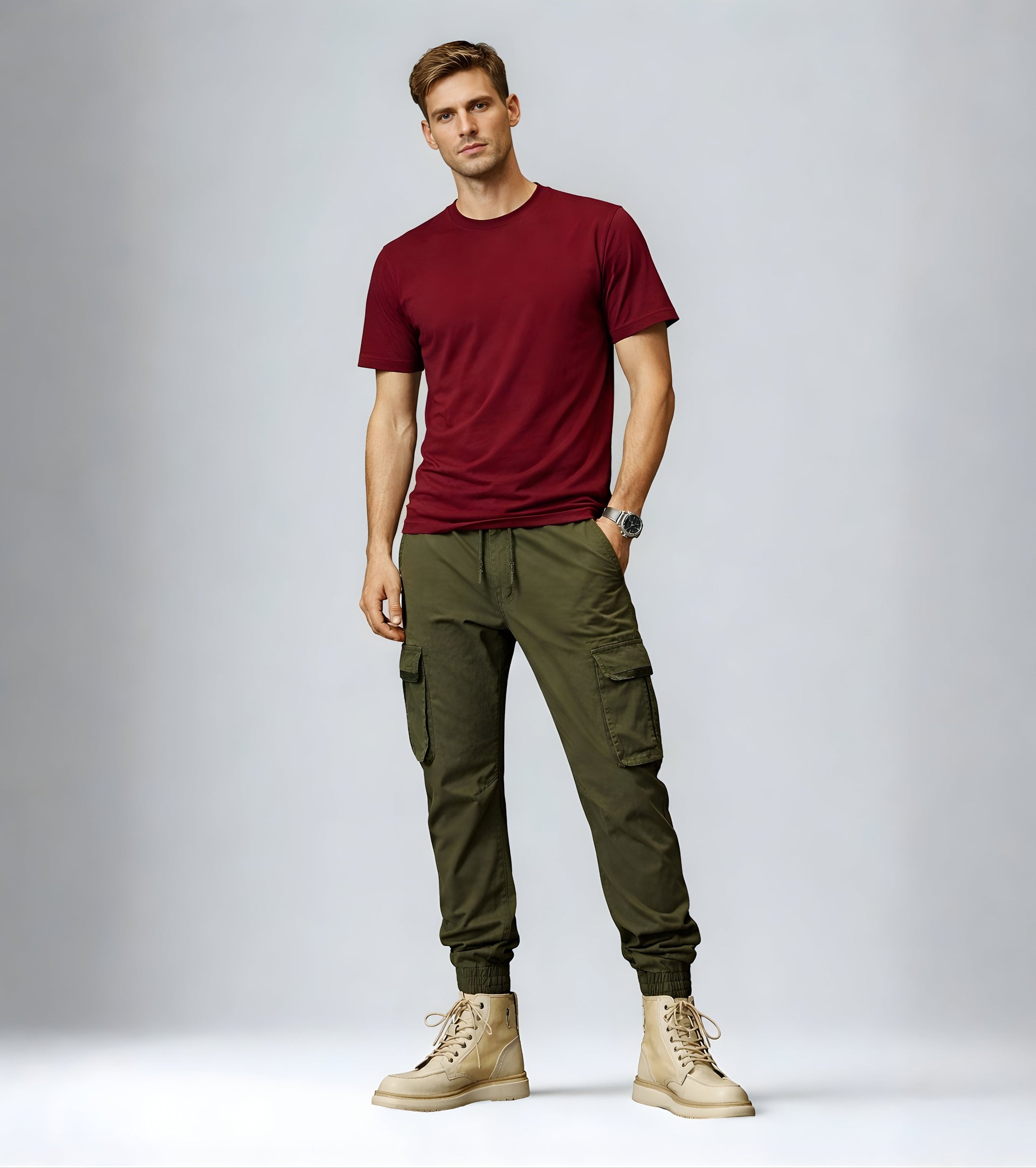 L'MONTE Imported Men's Green Slim Fit Cotton Cargo Joggers – Casual Elastic Waist Track Pants with Utility Pockets My Store