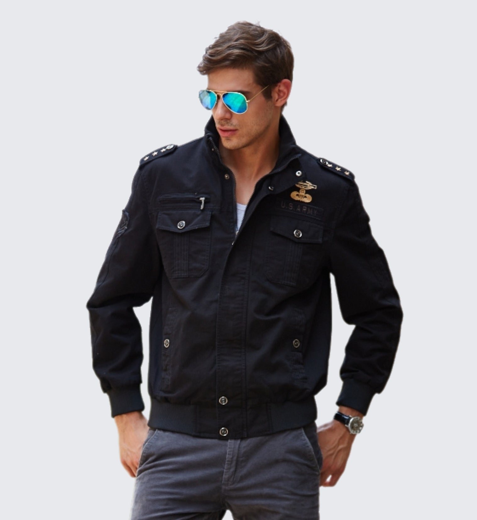 L'MONTE Men's Military-Style Black Cargo Jacket For Mild Winter