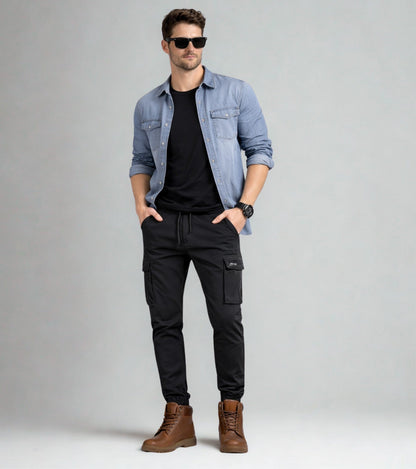 L'MONTE Men's Black Cotton Stretch Cargo Joggers Lmonte International