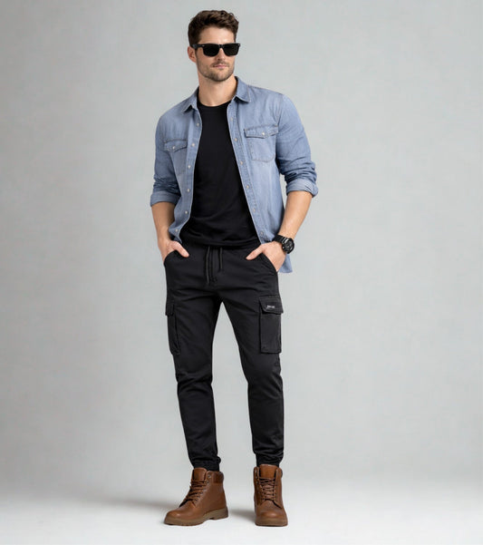 L'MONTE Men's Black Cotton Stretch Cargo Joggers Lmonte International