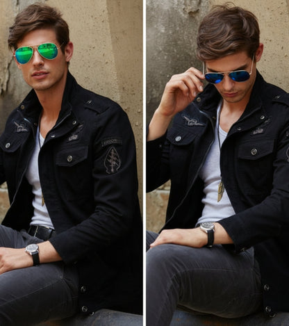 L'MONTE Men's Black Military-Style Bomber Jacket My Store