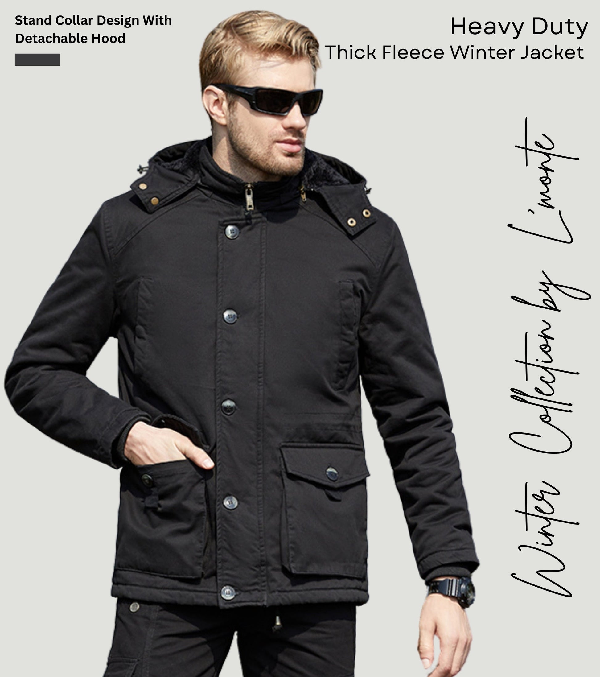 L'MONTE Men's Black Fleece-Lined Jacket With Detachable Hood My Store