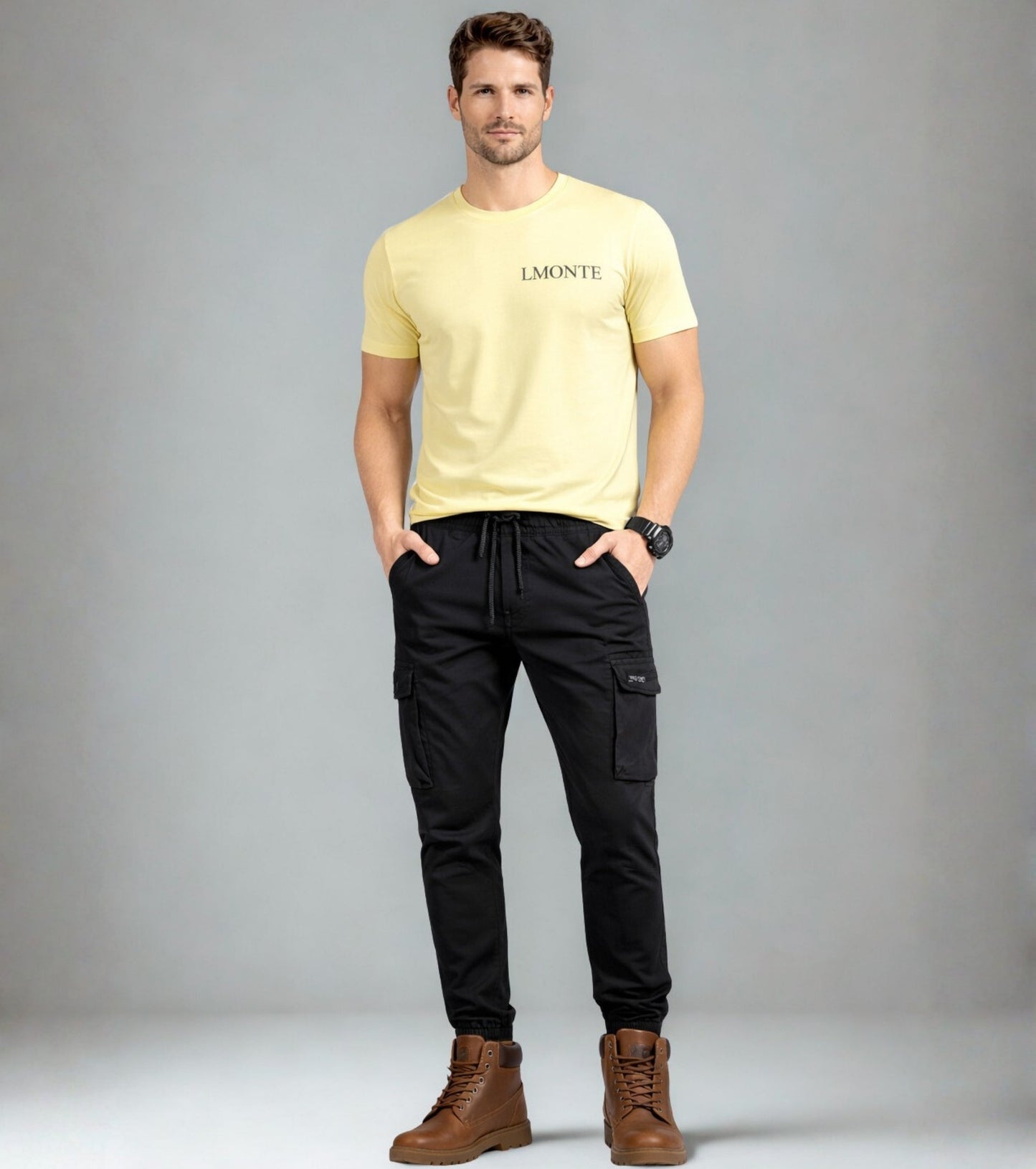 L'MONTE Men's Black Cotton Stretch Cargo Joggers Lmonte International