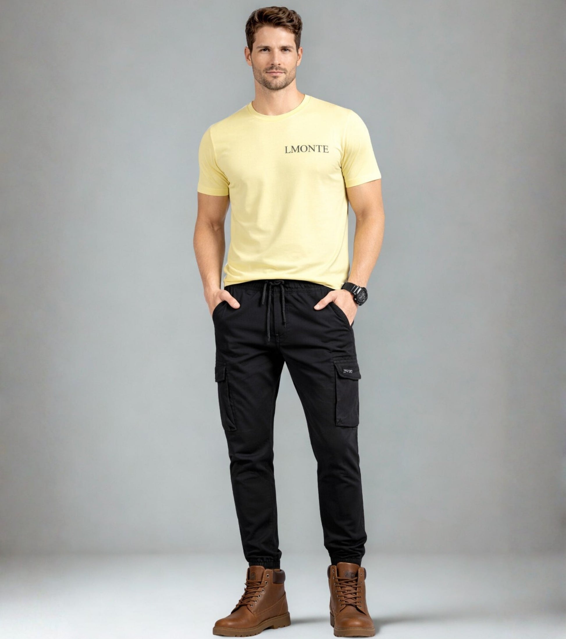 L'MONTE Men's Black Cotton Stretch Cargo Joggers Lmonte International