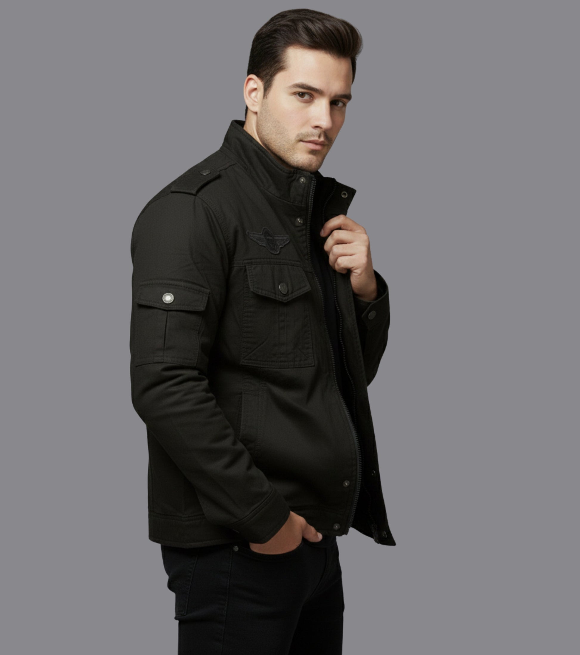 L'MONTE Men's Black Fleece-Lined Bomber Jacket My Store