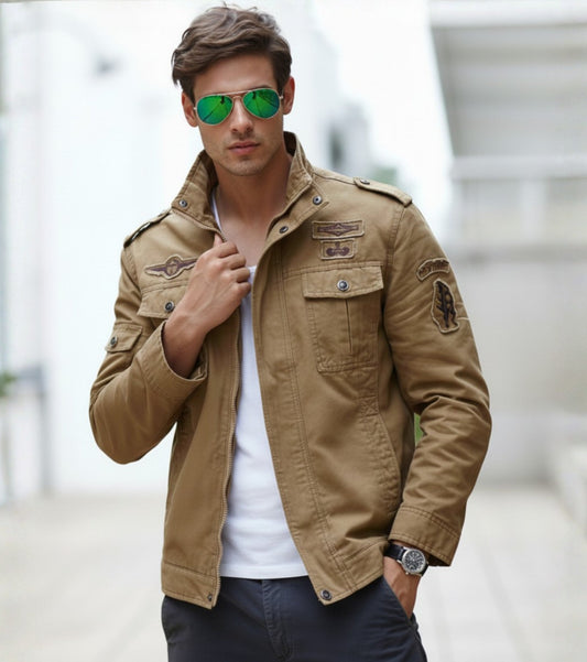 L'MONTE Men's Khaki Military-Style Bomber Jacket My Store