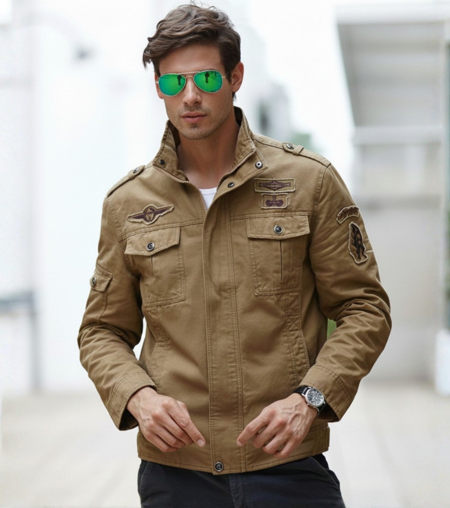 L'MONTE Men's Khaki Military-Style Bomber Jacket My Store