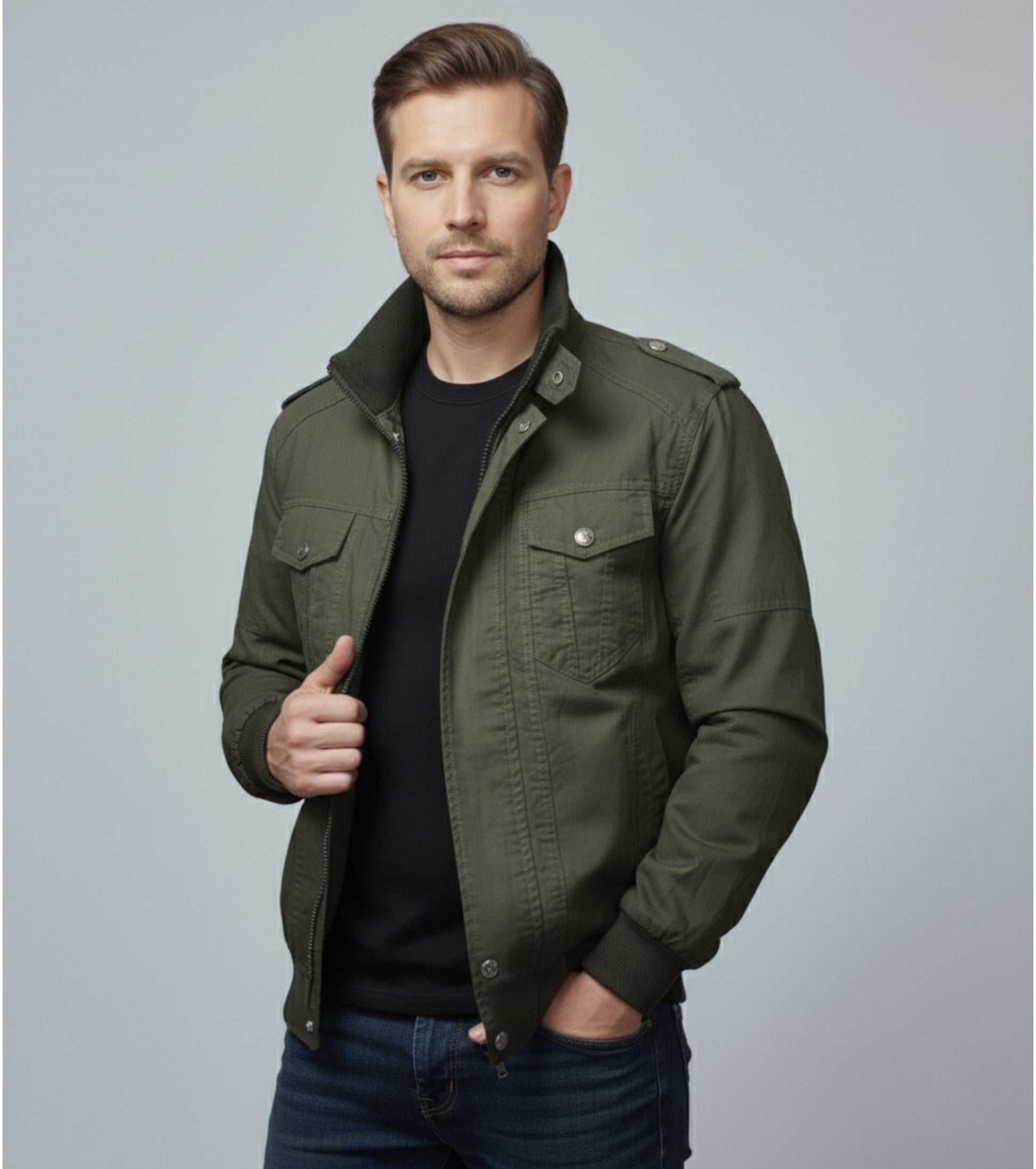 L'MONTE Men's Army Green Casual Bomber Jacket My Store