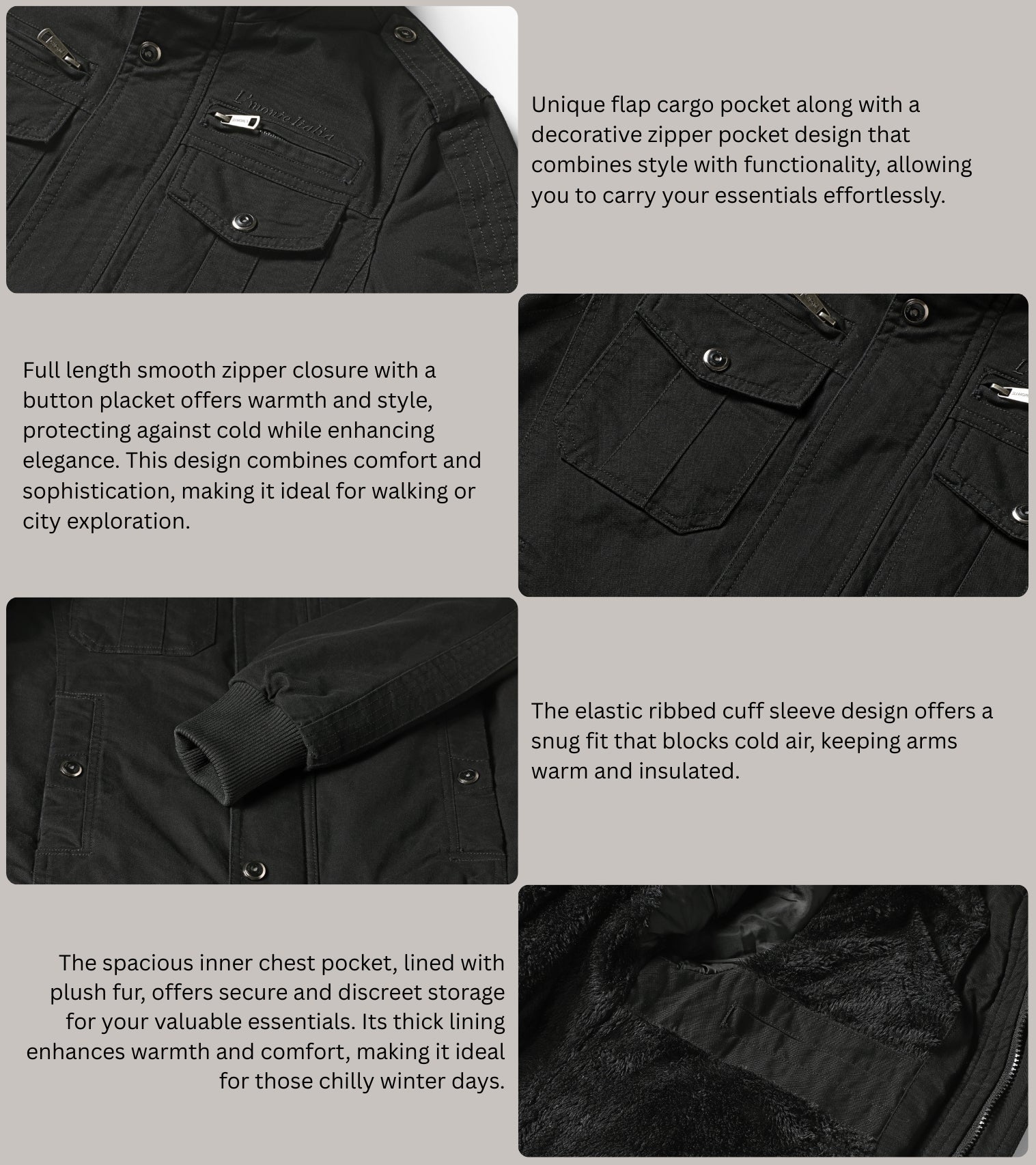 L'MONTE Men's Black Military-Style Cargo Winter Jacket My Store