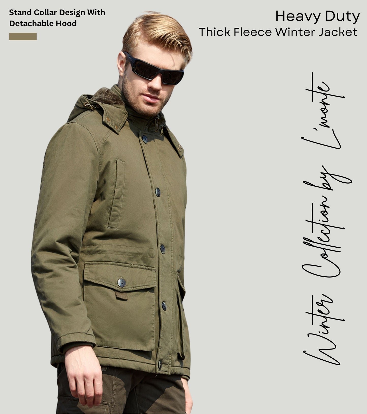 L'MONTE Men's Green Fleece-Lined Jacket With Detachable Hood My Store