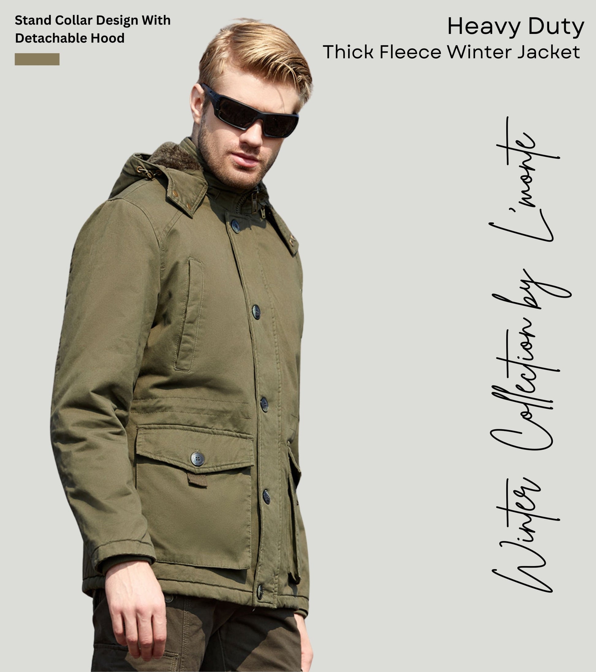 L'MONTE Men's Green Fleece-Lined Jacket With Detachable Hood My Store