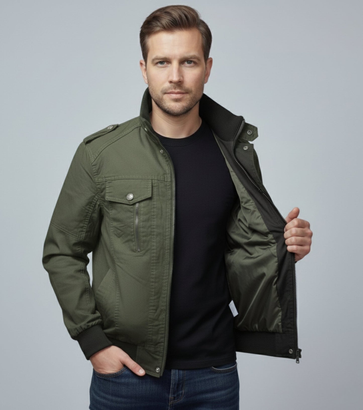 L'MONTE Men's Army Green Casual Bomber Jacket My Store