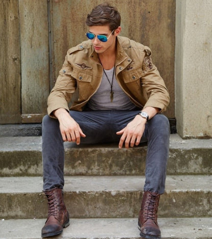 L'MONTE Men's Khaki Military-Style Bomber Jacket My Store