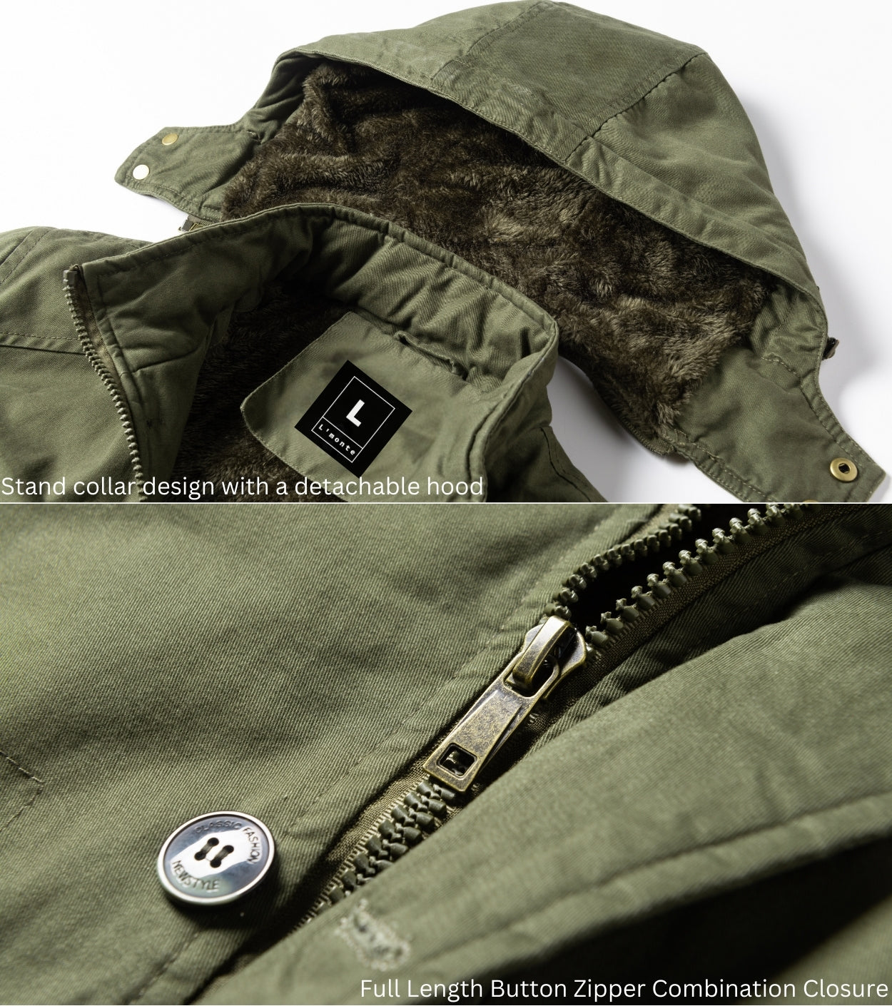 L'MONTE Men's Khaki Fleece-Lined Jacket With Detachable Hood My Store