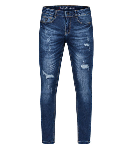 L'MONTE Men's Imported Super Skinny Fit Stretchable Distressed Ripped Stylish Blue Denim Jeans Pant | Machine Wash My Store
