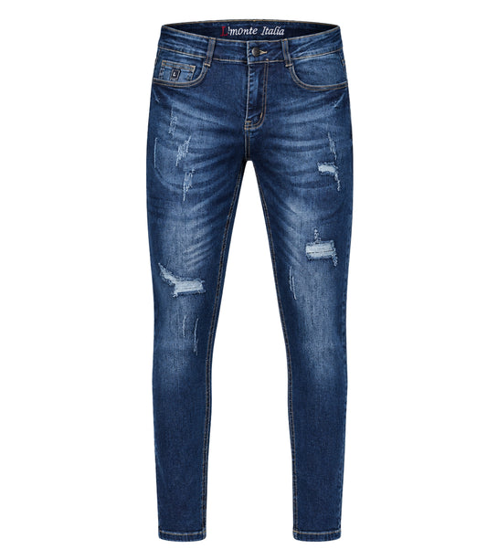 L'MONTE Men's Imported Super Skinny Fit Stretchable Distressed Ripped Stylish Blue Denim Jeans Pant | Machine Wash My Store