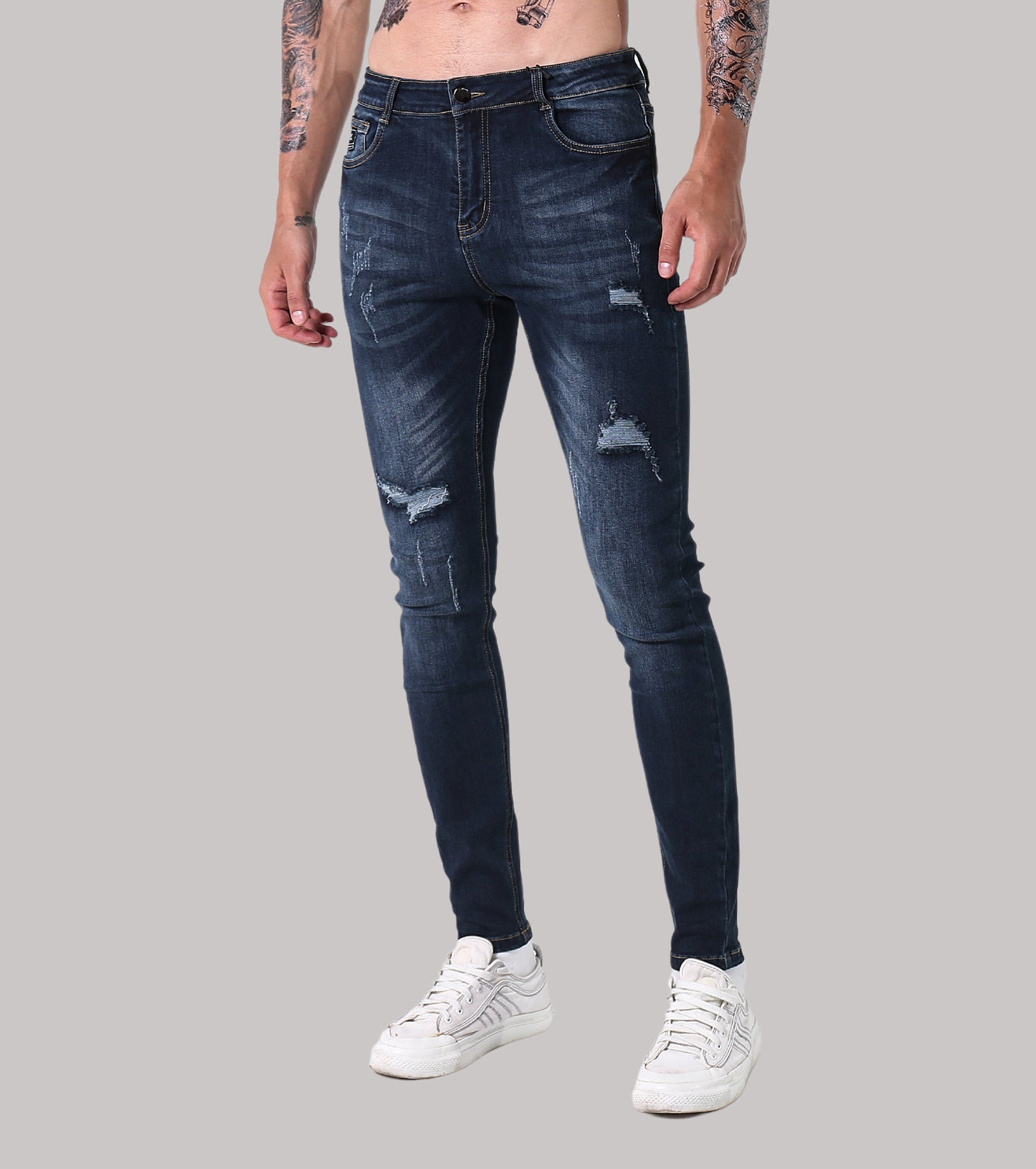 L'MONTE Men's Imported Super Skinny Fit Stretchable Distressed Ripped Stylish Blue Denim Jeans Pant | Machine Wash My Store