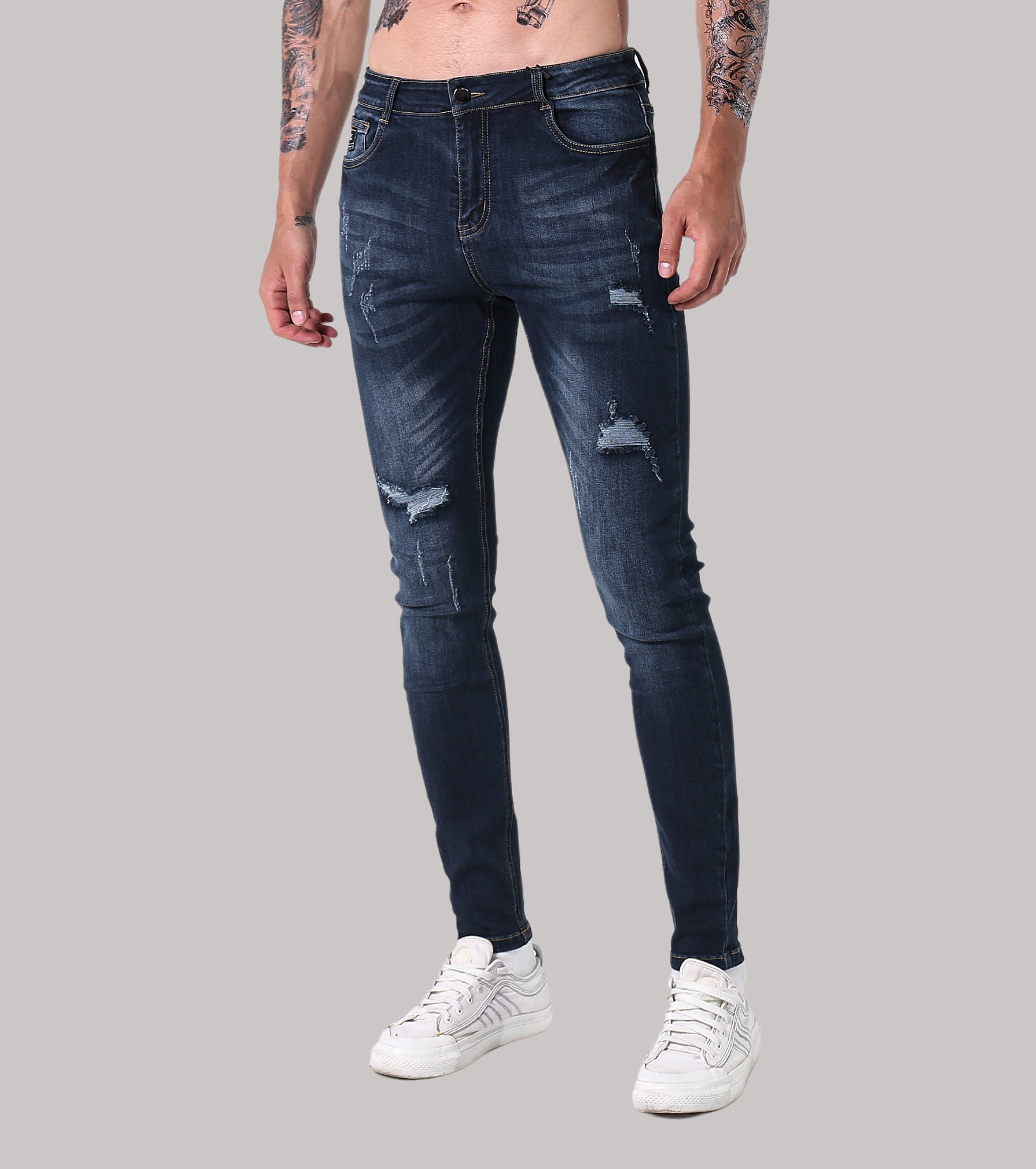 L'MONTE Men's Imported Super Skinny Fit Stretchable Distressed Ripped Stylish Blue Denim Jeans Pant | Machine Wash My Store