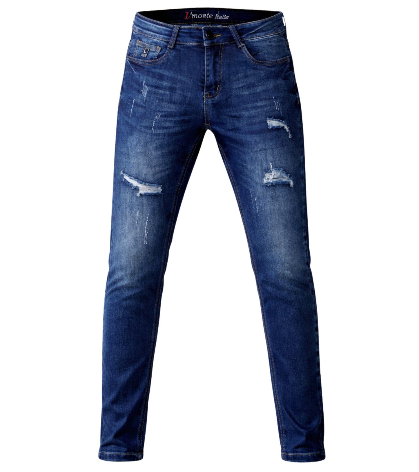 L'MONTE Men's Imported Super Skinny Fit Stretchable Distressed Ripped Stylish Blue Denim Jeans Pant | Machine Wash My Store