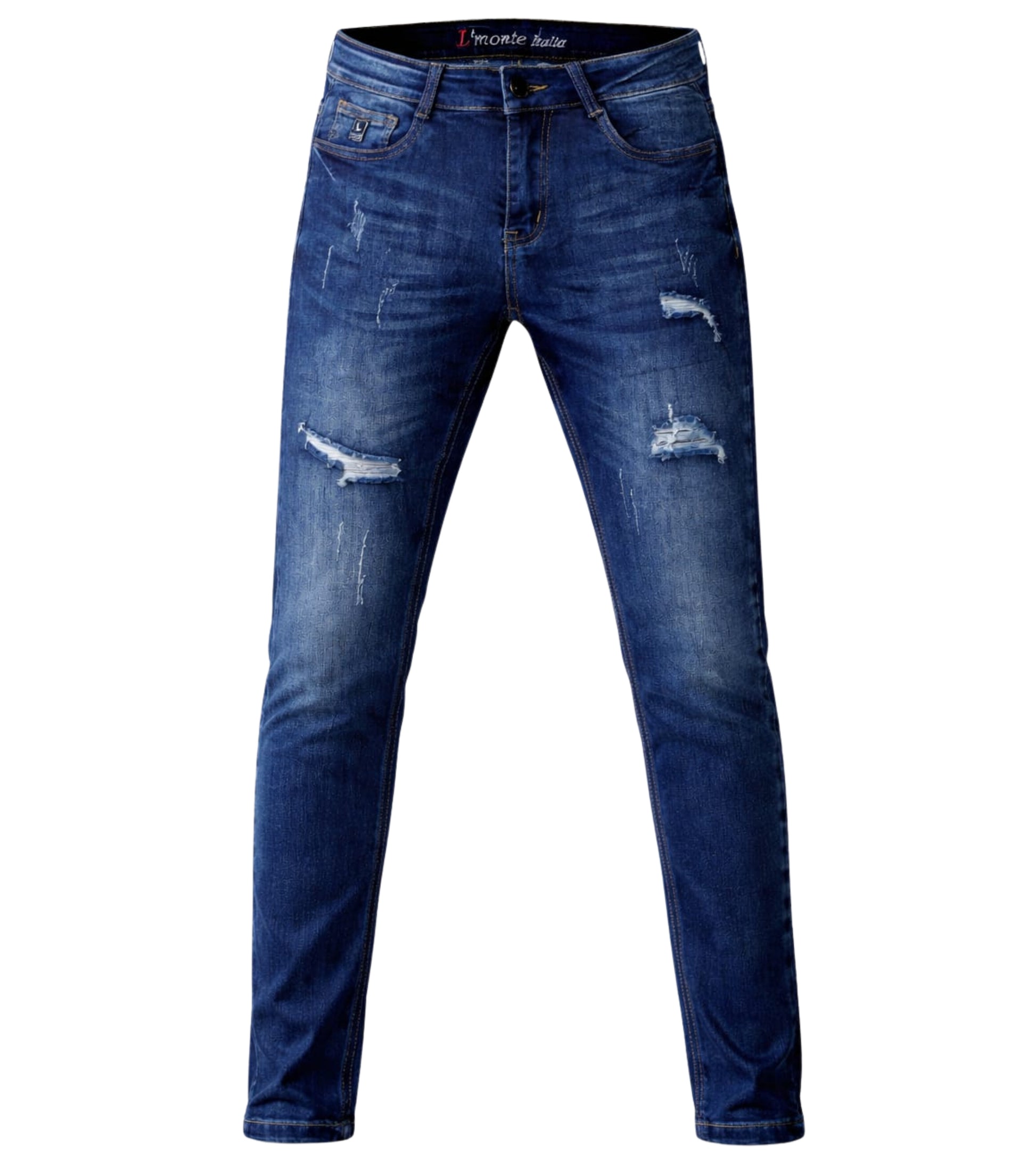 L'MONTE Men's Imported Super Skinny Fit Stretchable Distressed Ripped Stylish Blue Denim Jeans Pant | Machine Wash My Store