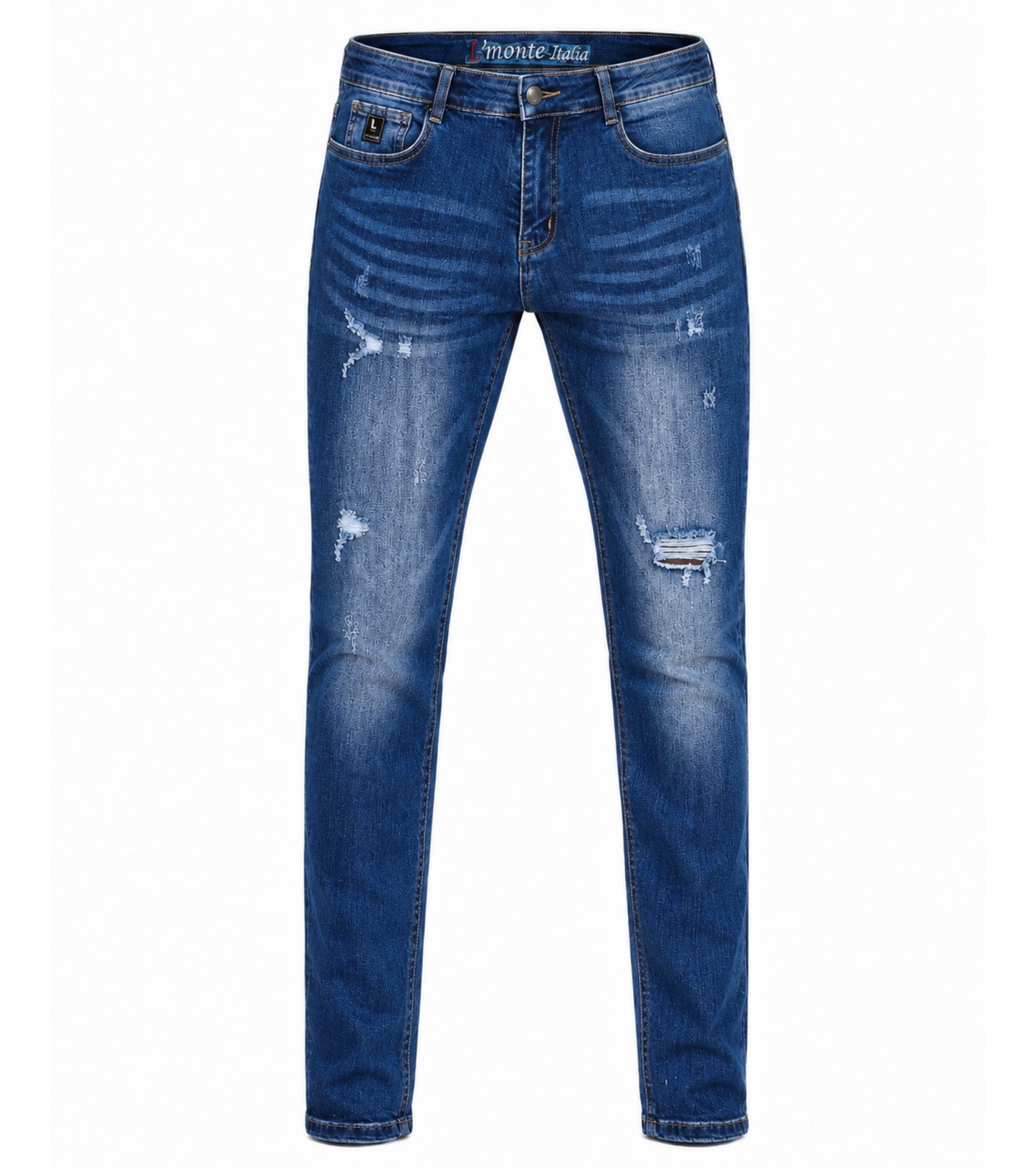 L'MONTE Men's Imported Super Skinny Fit Stretchable Denim Distressed Ripped Stylish Blue Jeans Pant | Machine Wash Lmonte International
