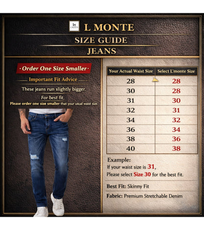 L'MONTE Imported Blue Stretchable Denim Jeans Pant for Men Distressed Ripped Slim Fit | Machine Wash My Store