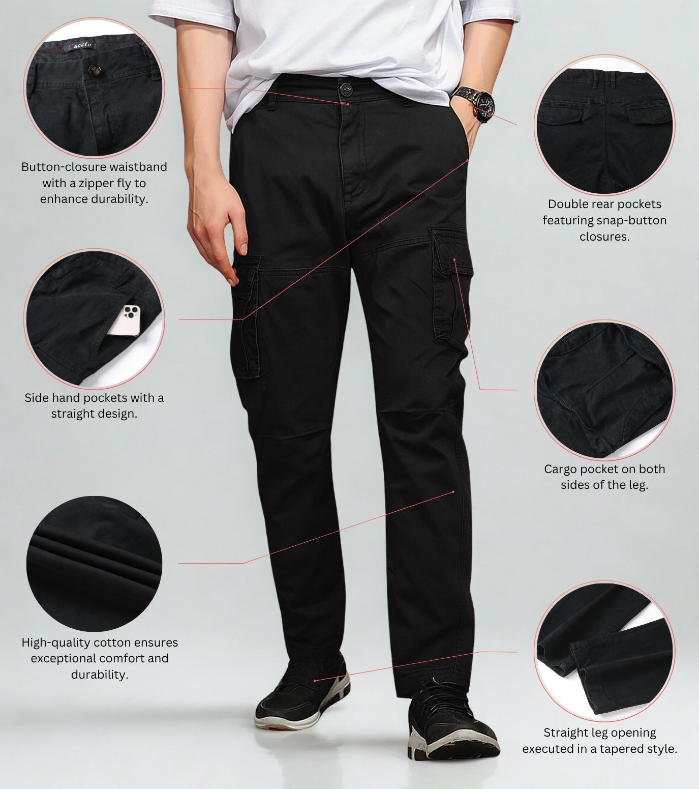 L'MONTE Imported Men's Regular Fit Casual Black Cotton Cargo Joggers My Store