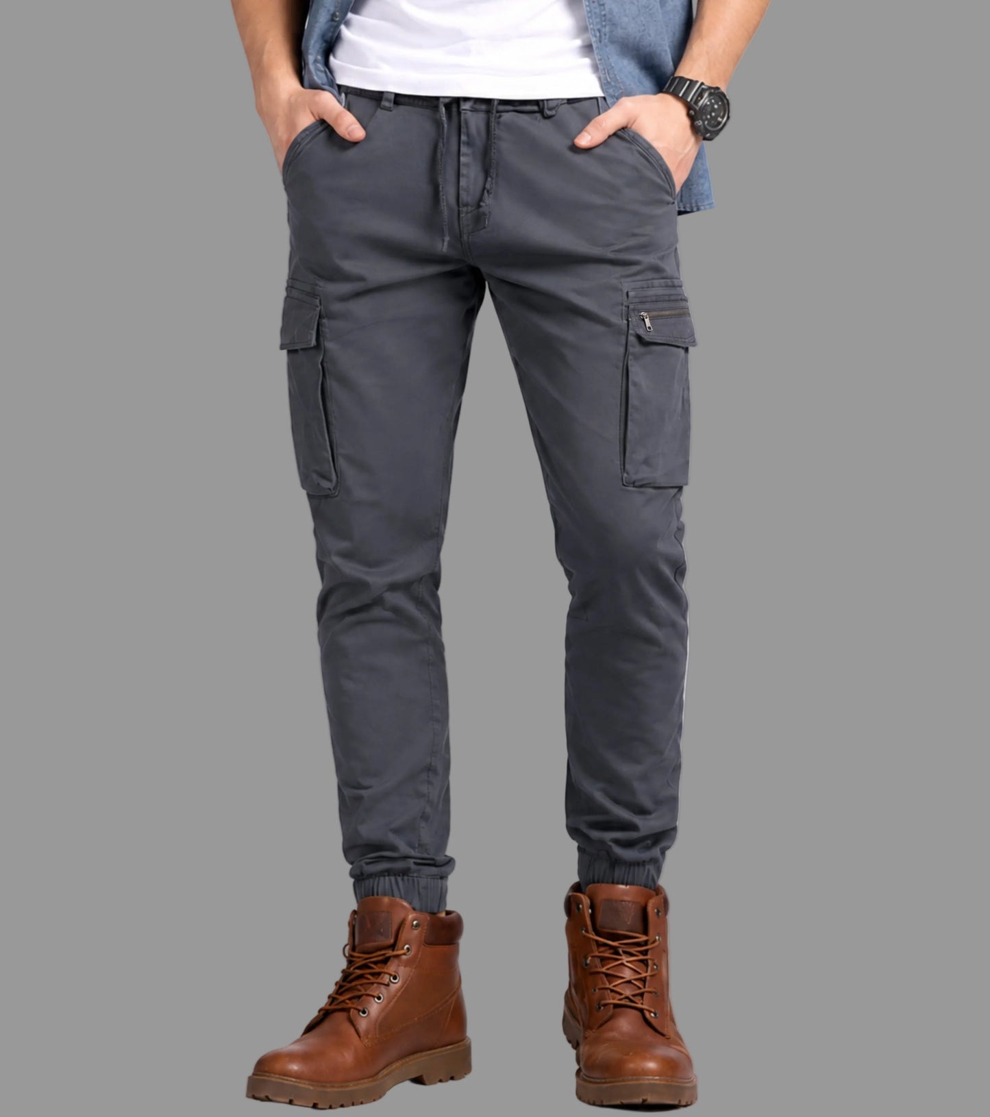 L'MONTE Imported Grey Cargo Joggers for Men | Cotton Cargo Pants for Men | Multi Pocket Casual Trousers | Slim Fit Elastic Waist Drawstring Pants Lmonte International