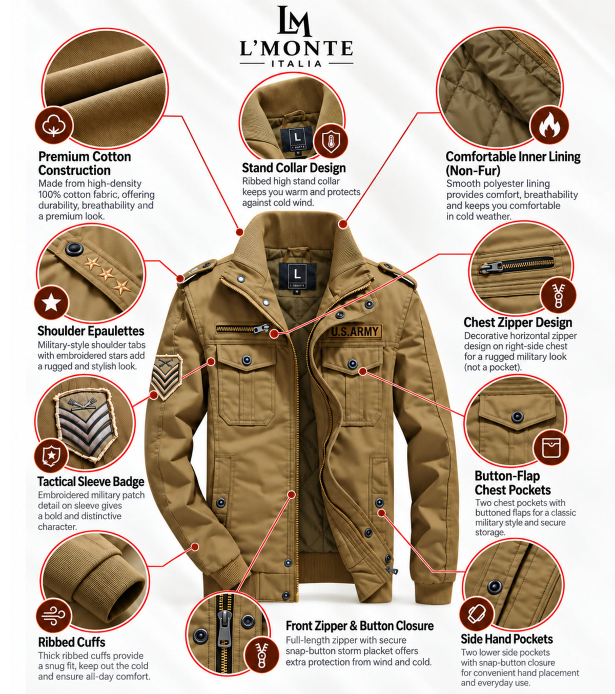 L'MONTE Men's Military-Style Khaki Cargo Jacket For Mild Winter My Store