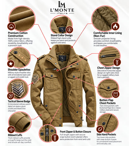 L'MONTE Men's Military-Style Khaki Cargo Jacket For Mild Winter My Store
