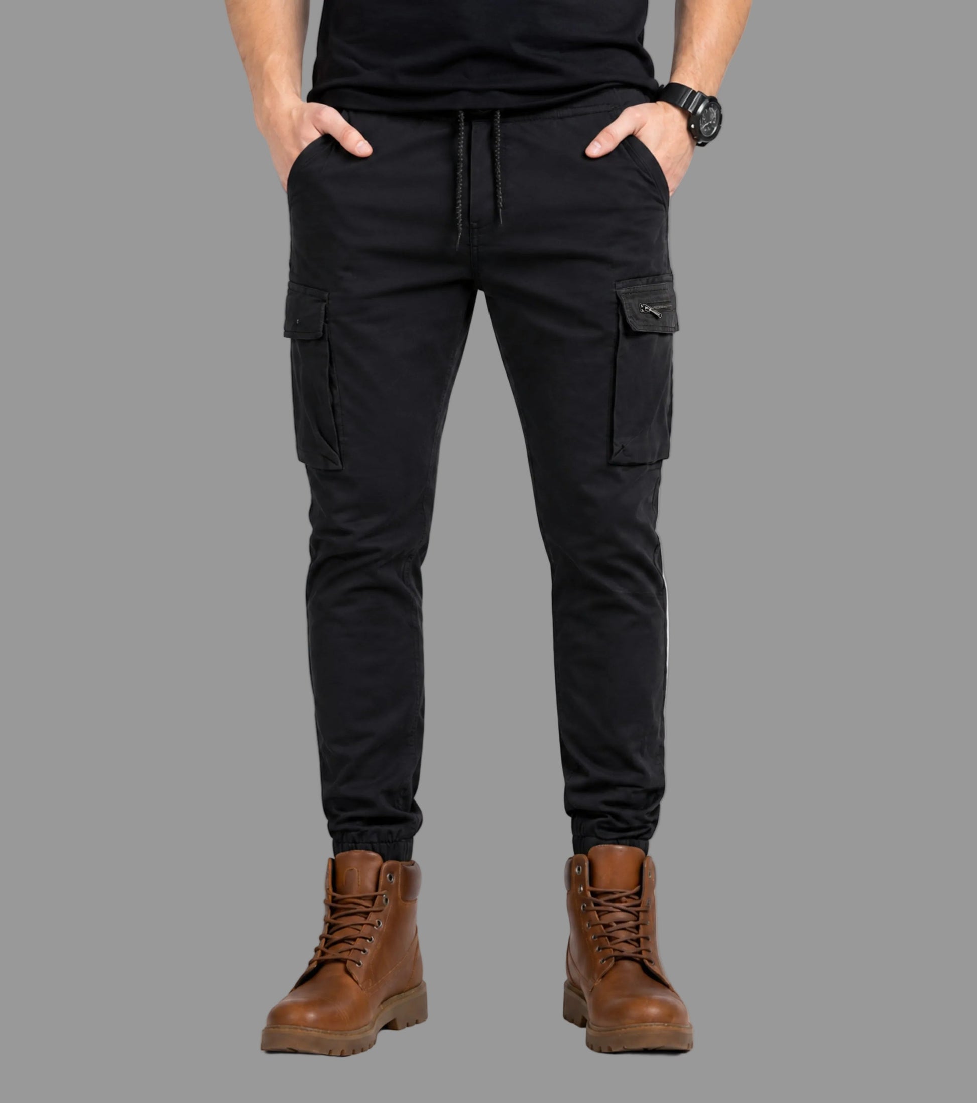 L'MONTE Imported Black Cargo Joggers for Men | Cotton Cargo Pants for Men | Multi Pocket Casual Trousers | Slim Fit Elastic Waist Drawstring Pants Lmonte International