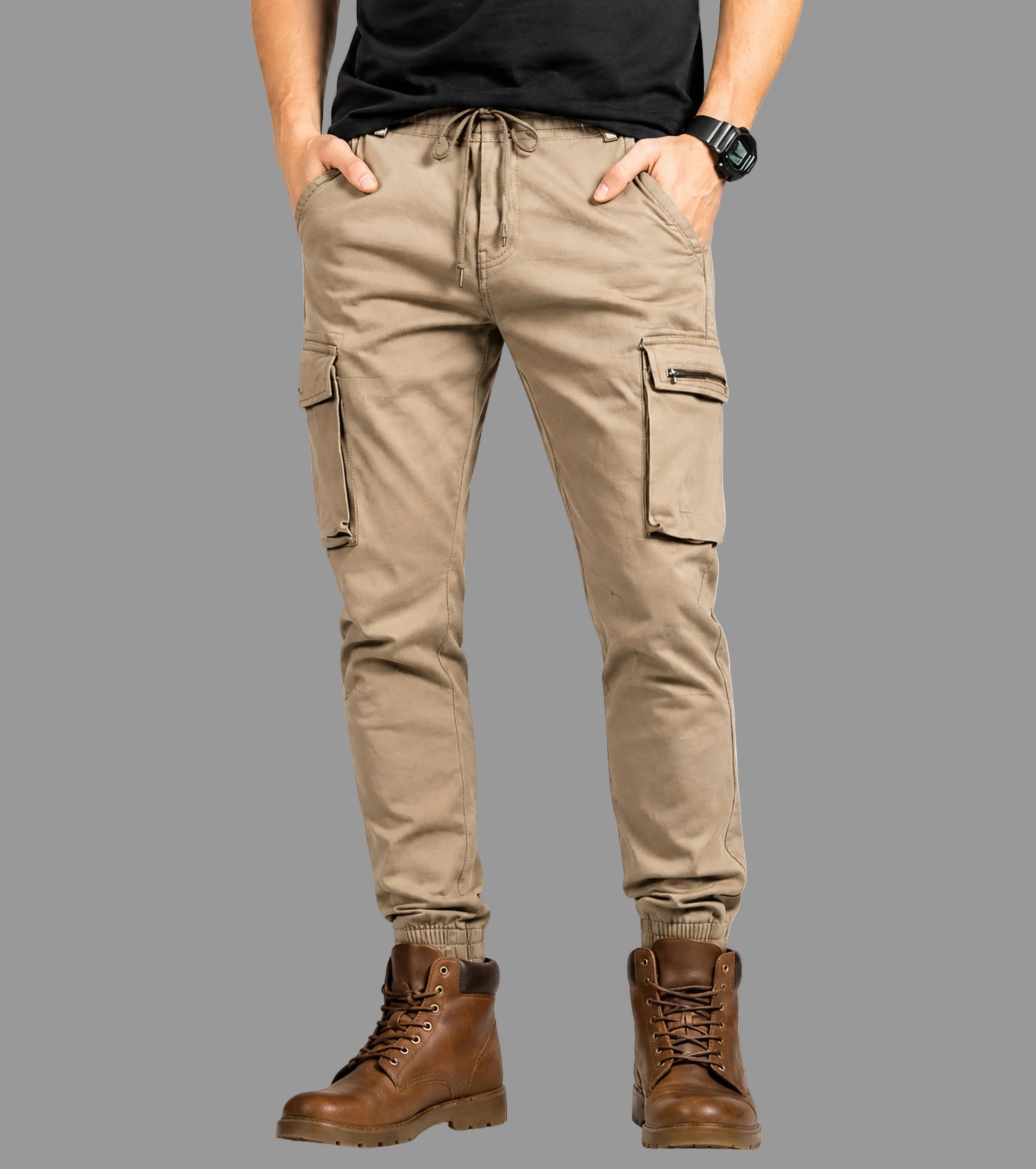 L'MONTE Imported Khaki Cargo Joggers for Men | Cotton Cargo Pants for Men | Multi Pocket Casual Trousers | Slim Fit Elastic Waist Drawstring Pants Lmonte International
