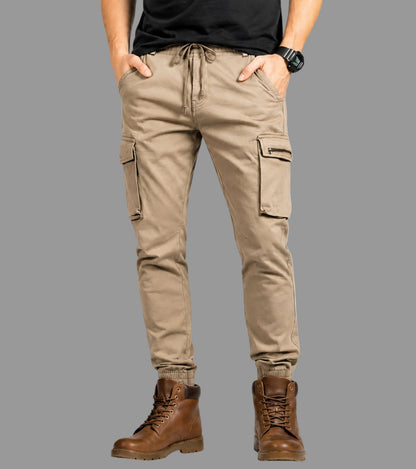 L'MONTE Imported Khaki Cargo Joggers for Men | Cotton Cargo Pants for Men | Multi Pocket Casual Trousers | Slim Fit Elastic Waist Drawstring Pants Lmonte International