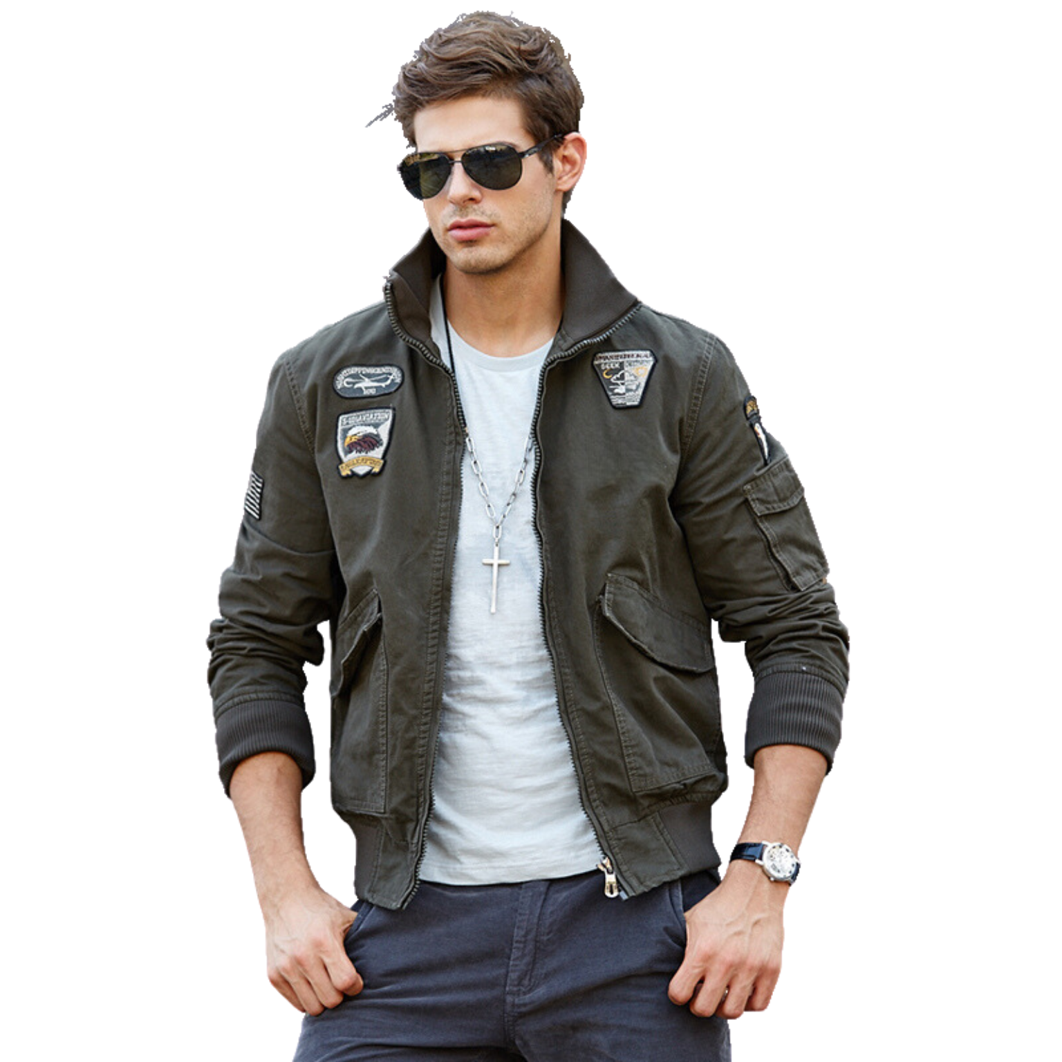 L'MONTE Men's Army Green USA Military-Style Biker Jacket My Store