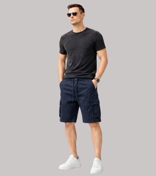 L'MONTE Men's Cotton Casual Dark Blue Elastic Waist Cargo Shorts My Store