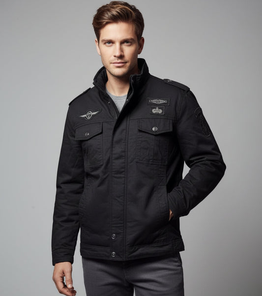 L'MONTE Men's Black Military-Style Bomber Jacket My Store