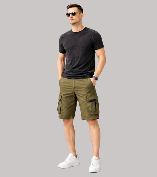 L'MONTE Men's Cotton Casual Army Green Elastic Waist Cargo Shorts My Store