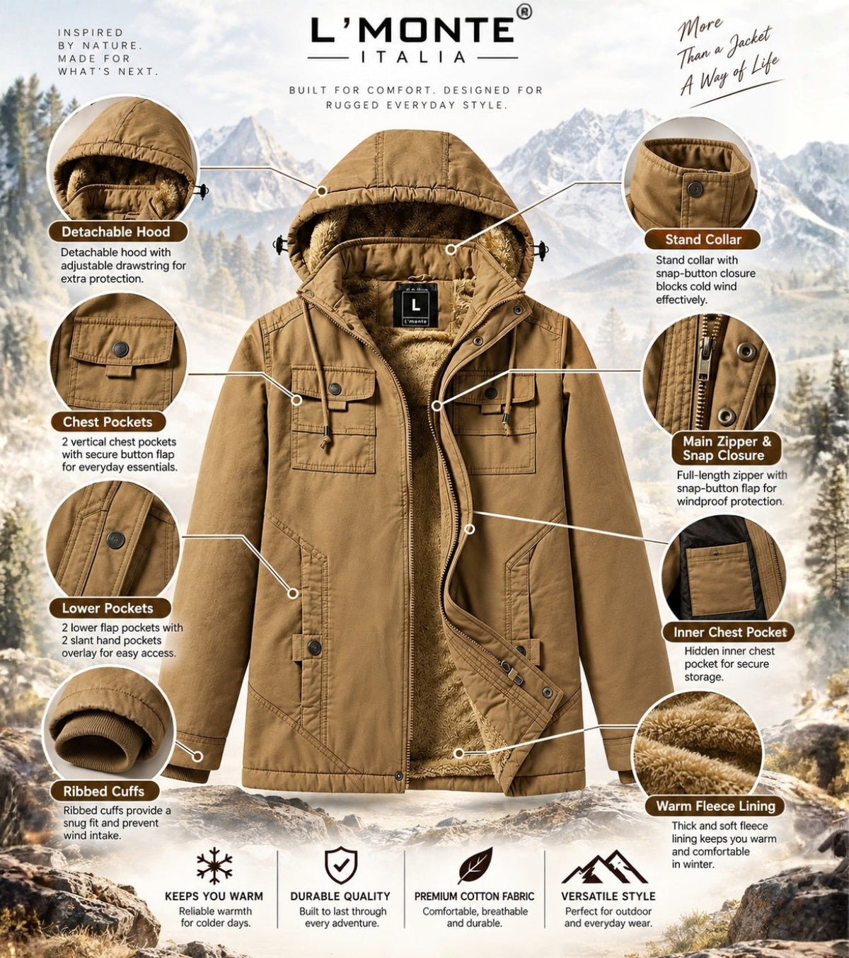 L'MONTE Men's Khaki Winter Jacket With Detachable Hood My Store