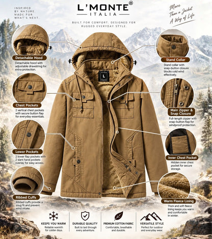 L'MONTE Men's Khaki Winter Jacket With Detachable Hood My Store