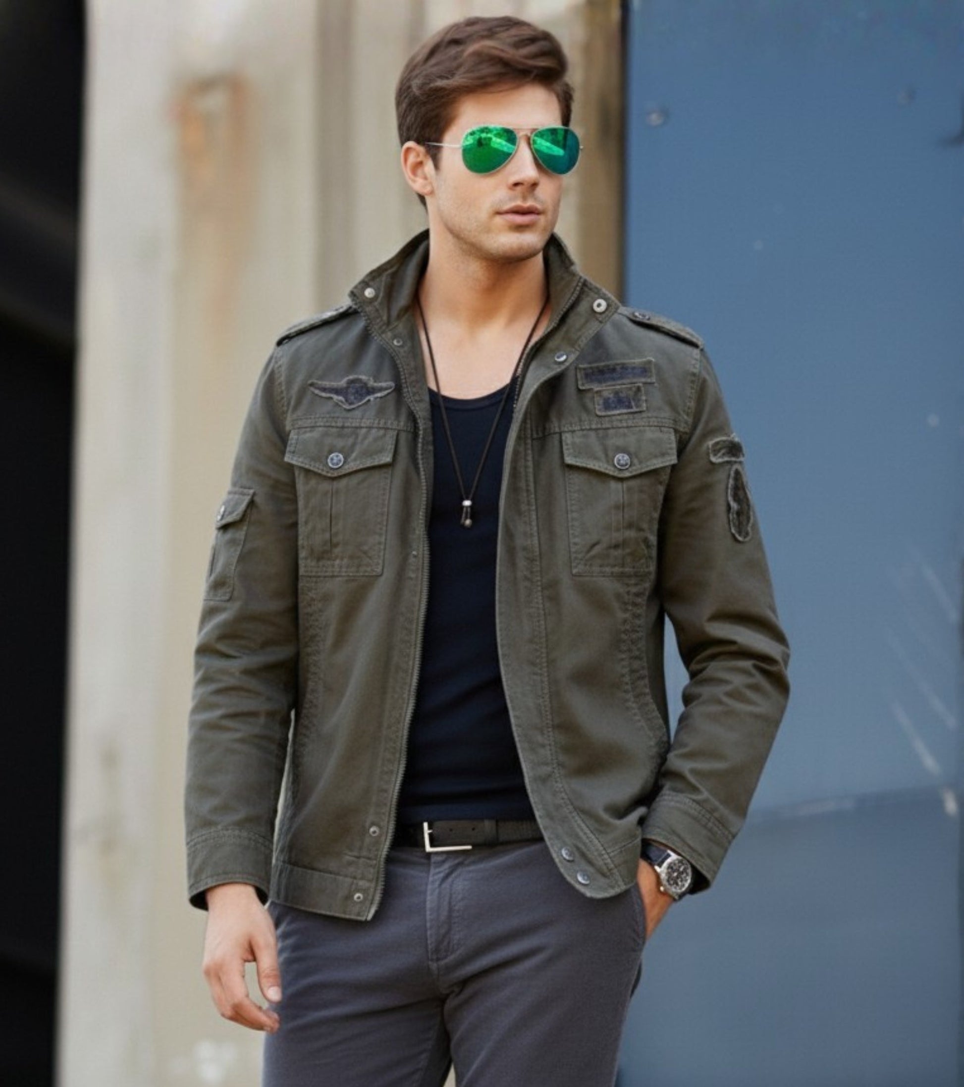 L'MONTE Men's Army Green Military-Style Bomber Jacket My Store