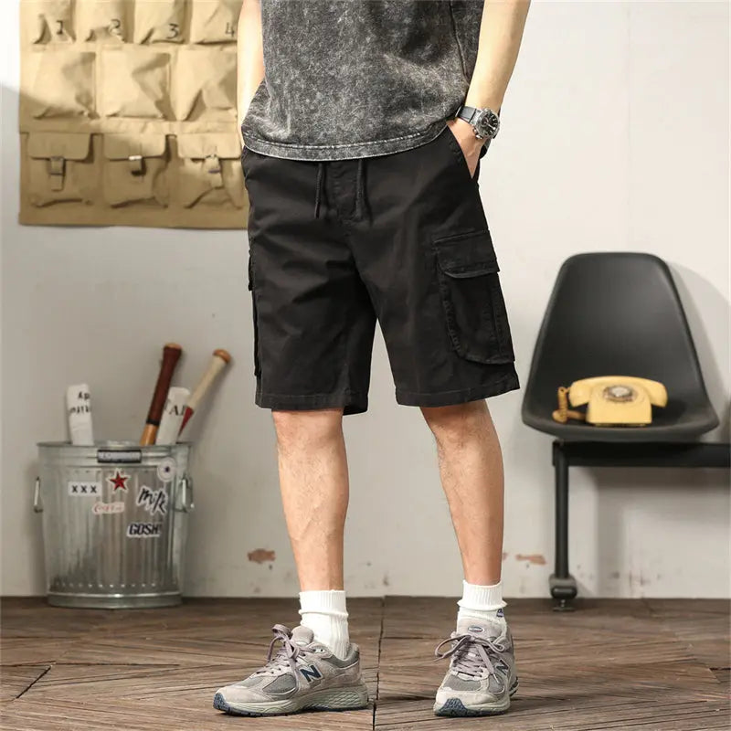 L'MONTE Men's Cotton Casual Black Elastic Waist Cargo Shorts My Store